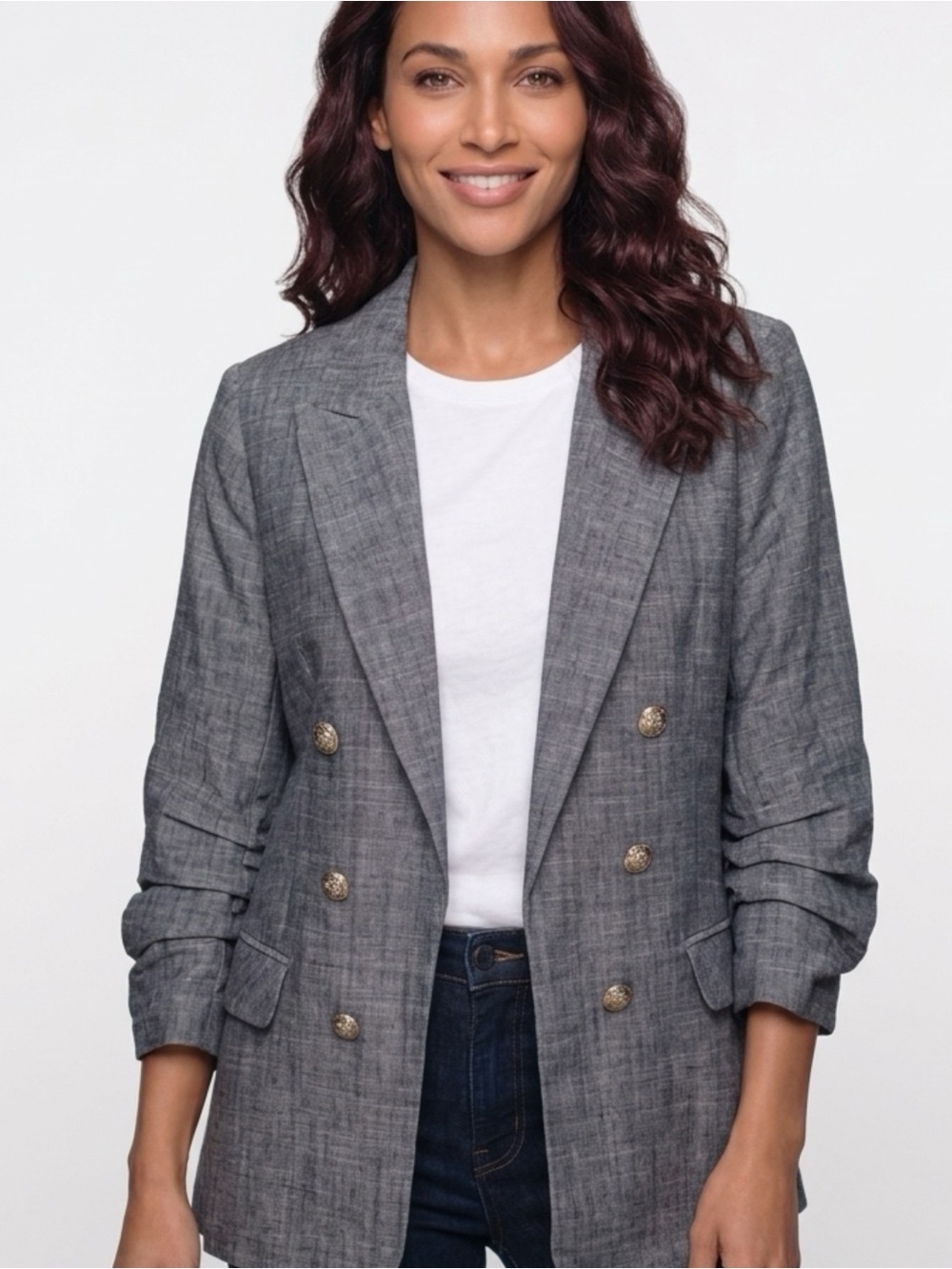 Skies Are Blue | Double-Breasted Blazer w/Ruched-Sleeves in Blue/Gray | Medium